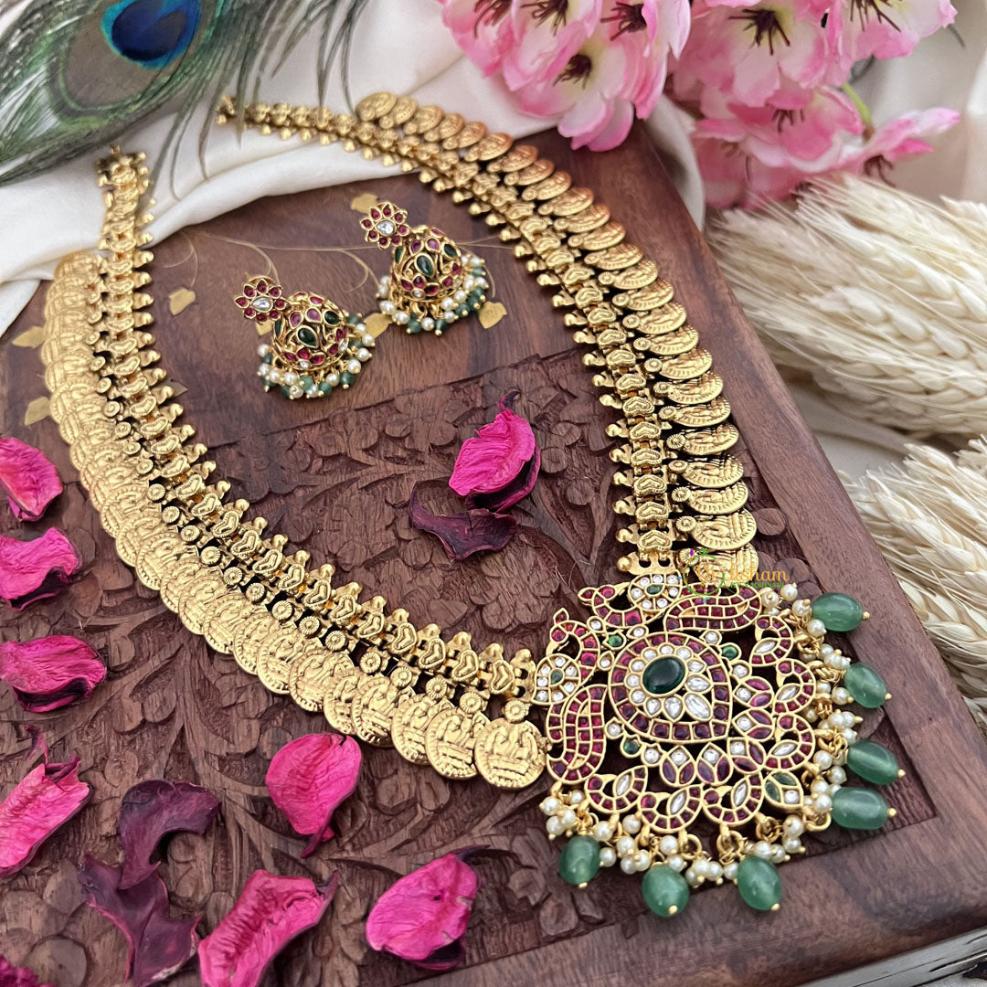 Vriksham Dual Peacock Kemp Stone Kaasumala-Lakshmi Coin Neckpiece-Pastel Green Bead-G18083