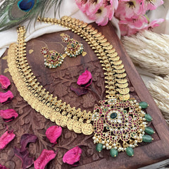 Vriksham Dual Peacock Kemp Stone Kaasumala-Lakshmi Coin Neckpiece-Pastel Green Bead-G18083