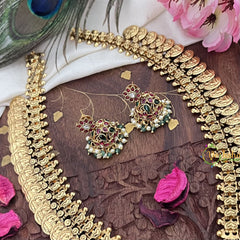 Vriksham Dual Peacock Kemp Stone Kaasumala-Lakshmi Coin Neckpiece-Pastel Green Bead-G18083