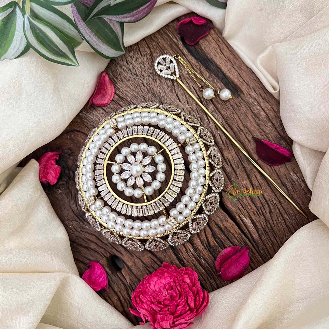 Vriksham  Classic Pearls Floral Design Bun Ornament CZ Stone Hair Bun Cage Accessory-BH1260