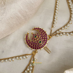 Bridal Jada Bun Billai with Maatil - Pearl Maatil - Red & Green - G11465