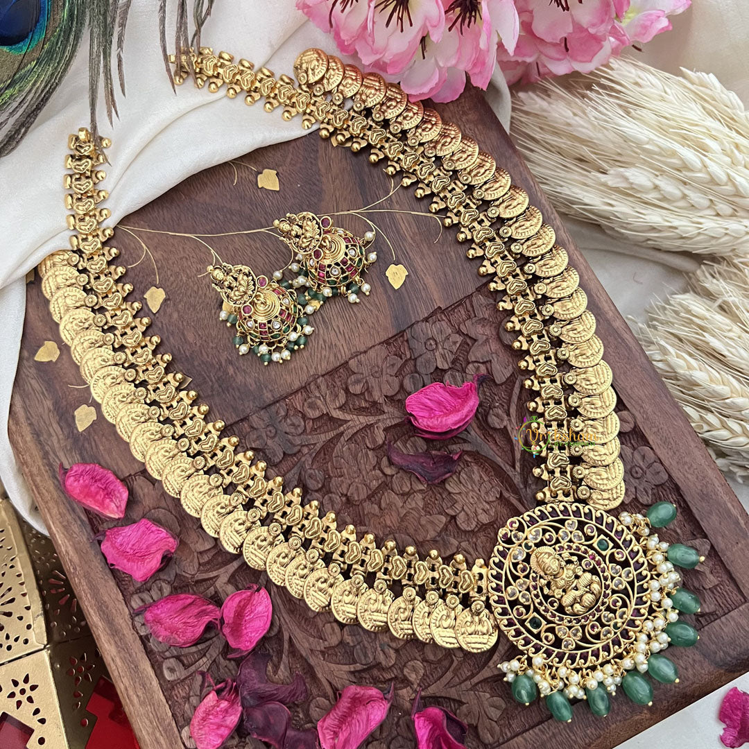 Vriksham Gold Look Alike Lakshmi Pendant Kaasumala-Pastel Green Bead-G18067