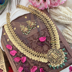 Vriksham Gold Look Alike Lakshmi Pendant Kaasumala-Pastel Green Bead-G18067