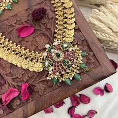 Vriksham Dual Peacock Kemp Stone Pendant Kaasumala-Pastel Green Bead-G18066