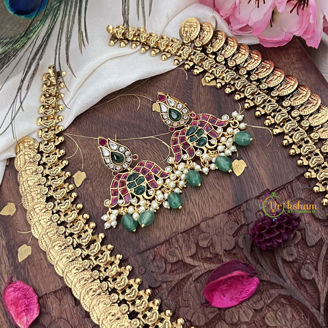 Vriksham Dual Peacock Kemp Stone Pendant Kaasumala-Pastel Green Bead-G18066