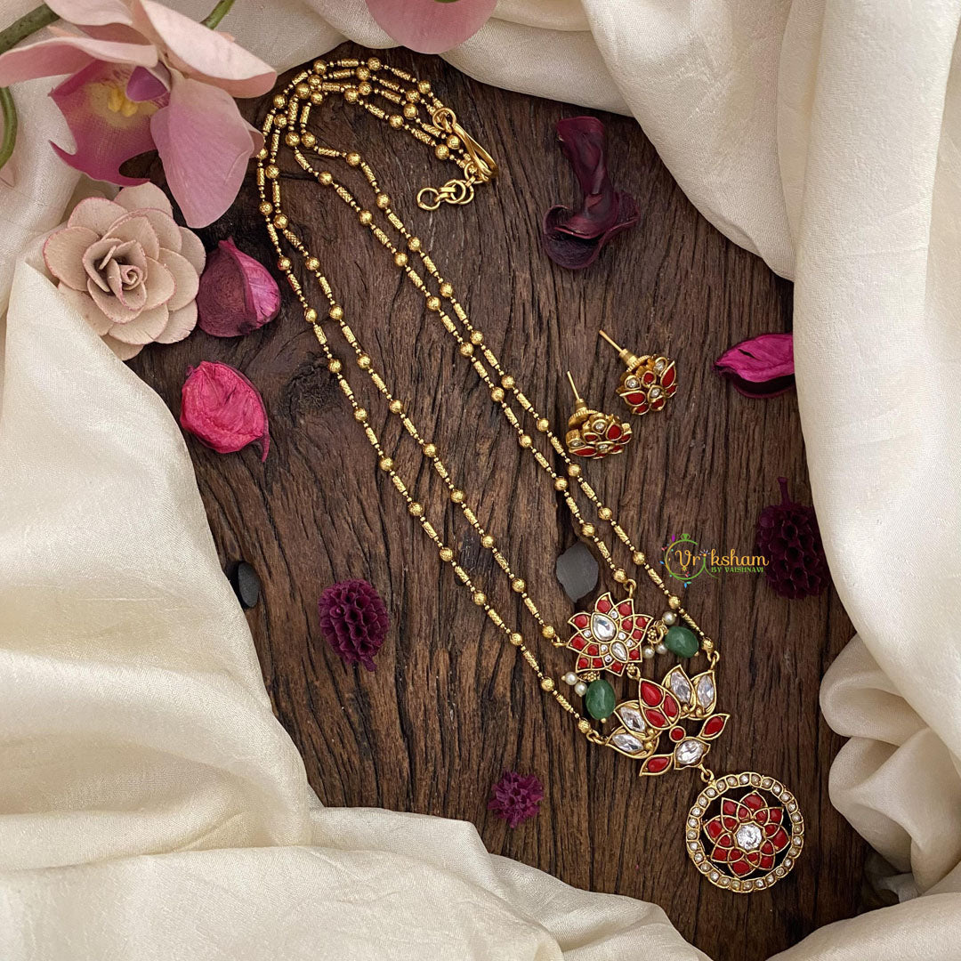 Vriksham 2 Layer Coral Stone Lotus Pendant Chain-Green Bead-G15661