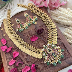 Vriksham Dual Peacock Kemp Stone Pendant Kaasumala-Pastel Green Bead-G18066