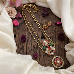 Vriksham 2 Layer Coral Stone Lotus Pendant Chain-Green Bead-G15661