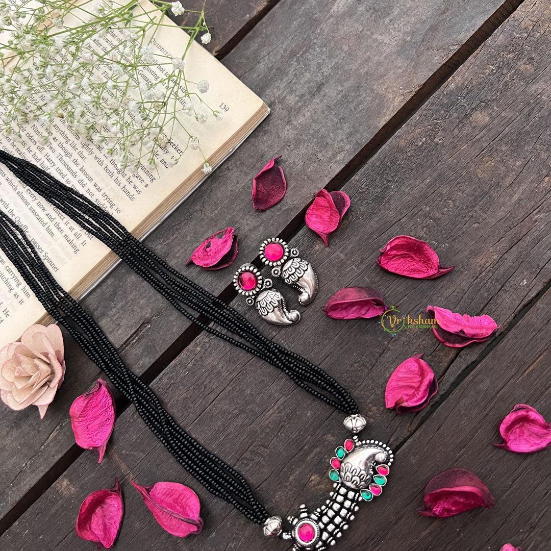 Vriksham Antique Manga Silver Oxidized Pendant With Black Beaded Magalsutra-S1000