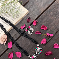 Vriksham Antique Manga Silver Oxidized Pendant With Black Beaded Magalsutra-S1000