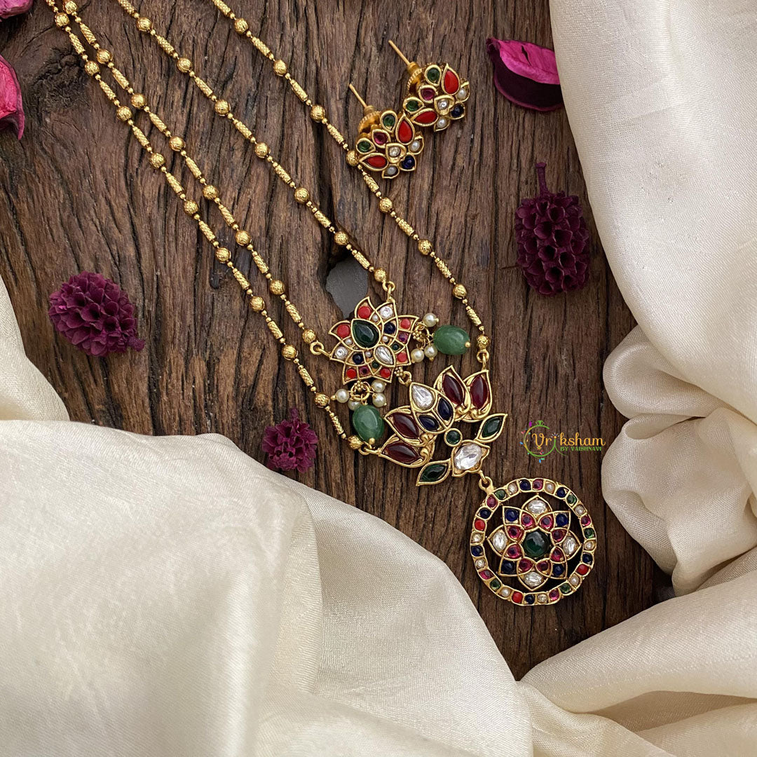 Vriksham 2 Layer Navrathna Lotus Pendant Chain-Green Bead-G15660