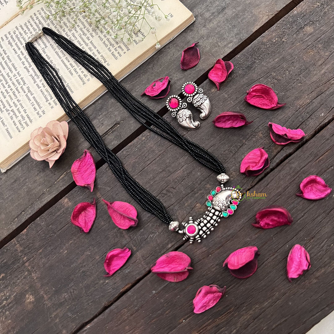Vriksham Antique Manga Silver Oxidized Pendant With Black Beaded Magalsutra-S1000
