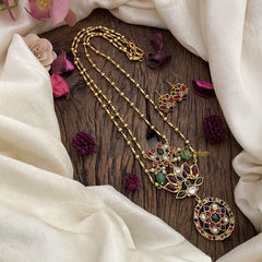 Vriksham 2 Layer Navrathna Lotus Pendant Chain-Green Bead-G15660
