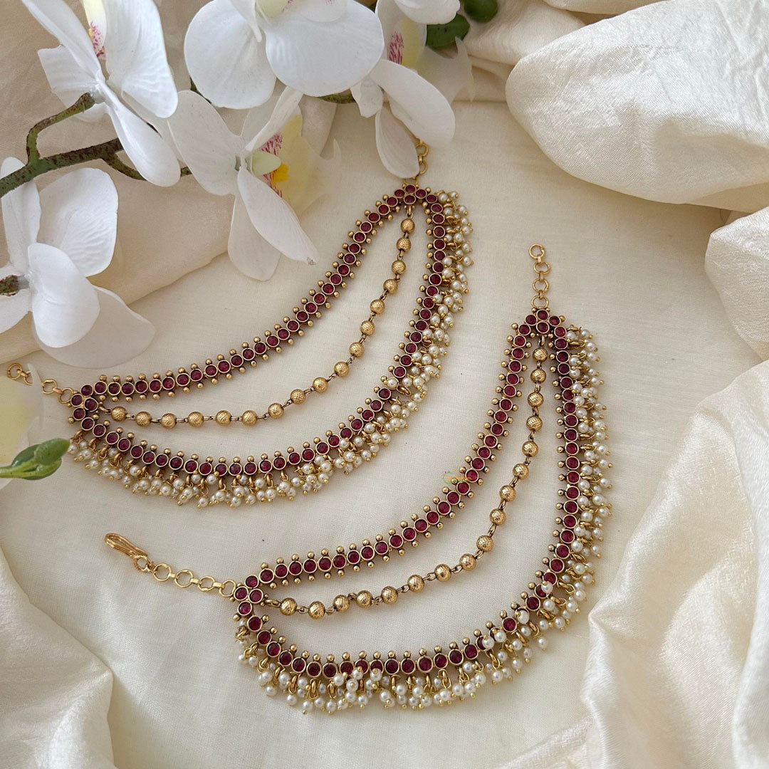 Premium Red AD Stone Layered Pearl Maatil-Ear Chain-G14233