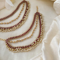 Premium Red AD Stone Layered Pearl Maatil-Ear Chain-G14233