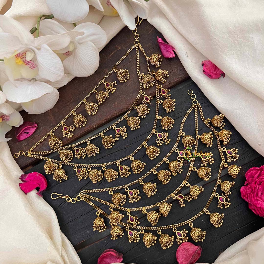 Vriksham Traditional Bahubali  3 Layered Gold Bead Jhumka Drop Style Maatil-Red-G21985