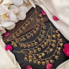 Vriksham Traditional Bahubali  3 Layered Gold Bead Jhumka Drop Style Maatil-Red-G21985