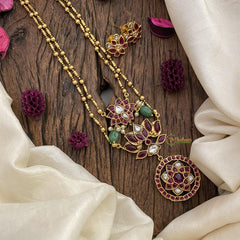 Vriksham 2 Layer Lotus Pendant Chain-Green Bead-Red-G15658