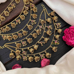 Vriksham Traditional Bahubali  3 Layered Gold Bead Jhumka Drop Style Maatil-Red-G21985