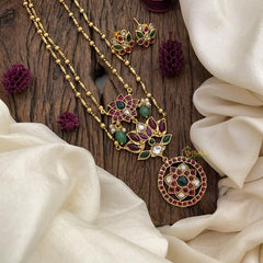Vriksham 2 Layer Lotus Pendant Chain-Green Bead-Red Green-G15659