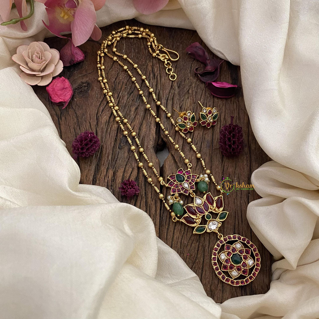 Vriksham 2 Layer Lotus Pendant Chain-Green Bead-Red Green-G15659