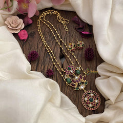 Vriksham 2 Layer Lotus Pendant Chain-Green Bead-Red Green-G15659