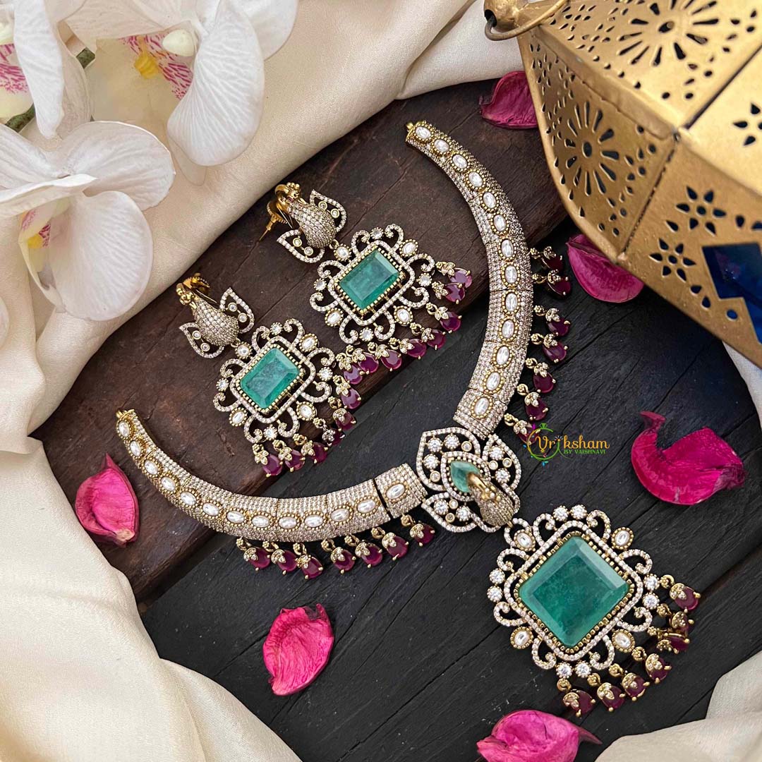 Vriksham Contemporary Bridal With Victorian Emerald Centerpiece AD Zircont Hasli  Neckpiece-VV2023