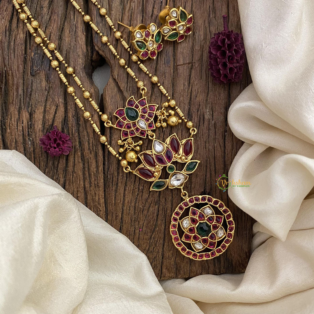 Vriksham 2 Layer Lotus Pendant Chain-Golden Bead-Red Green-G15652