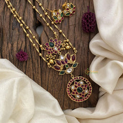 Vriksham 2 Layer Lotus Pendant Chain-Golden Bead-Red Green-G15652