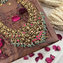 Vriksham Gold Look Alike Lakshmi With Peacock-Red-Pastel Green Bead-G18055