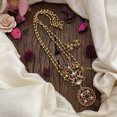Vriksham 2 Layer Lotus Pendant Chain-Golden Bead-Red Green-G15652