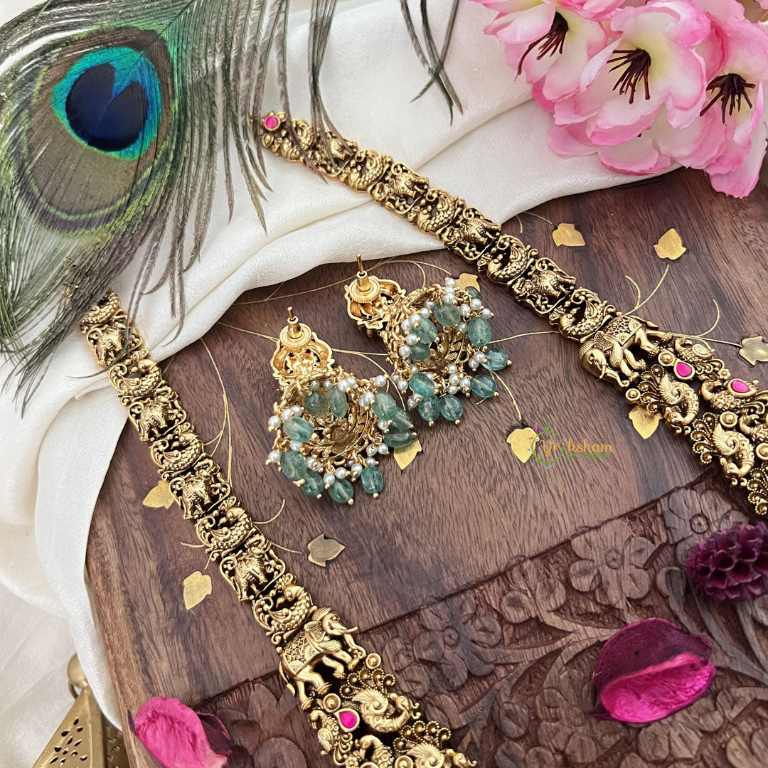 Vriksham Gold Look Alike Lakshmi With Peacock-Red-Pastel Green Bead-G18055