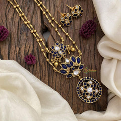 Vriksham 2 Layer Lotus Pendant Chain-Golden Bead-Blue-G15657