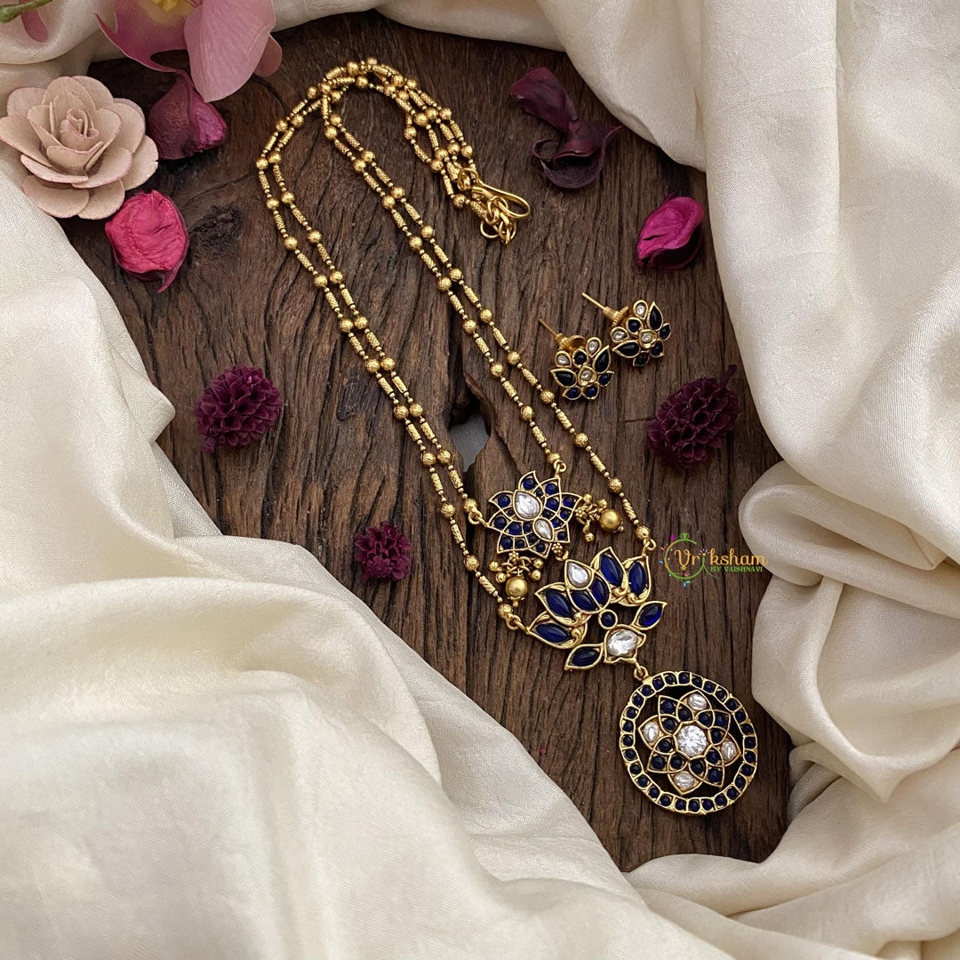 Vriksham 2 Layer Lotus Pendant Chain-Golden Bead-Blue-G15657