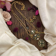 Vriksham 2 Layer Lotus Pendant Chain-Golden Bead-Green-G15656