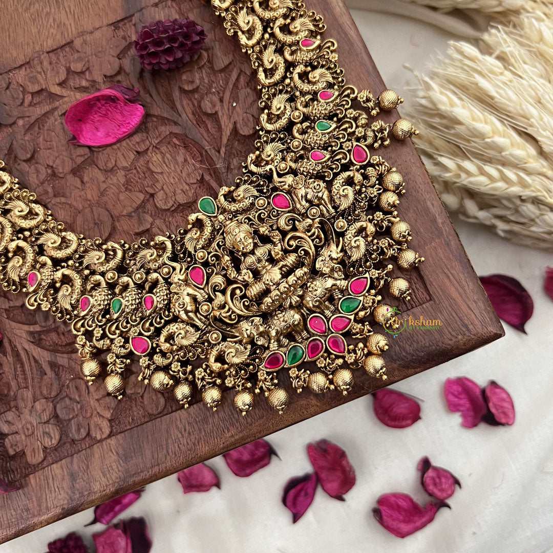 Vriksham Gold Look Alike Lakshmi With Peacock-Red Green-Gold Bead-G18054
