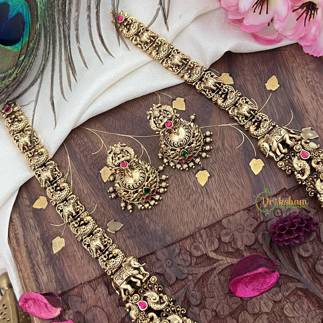 Vriksham Gold Look Alike Lakshmi With Peacock-Red Green-Gold Bead-G18054