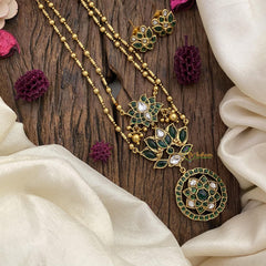 Vriksham 2 Layer Lotus Pendant Chain-Golden Bead-Green-G15656