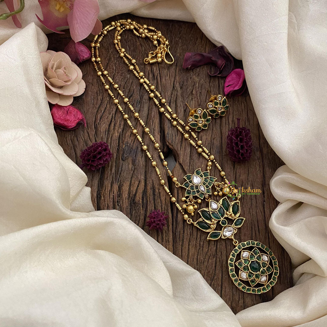 Vriksham 2 Layer Lotus Pendant Chain-Golden Bead-Green-G15656
