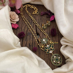 Vriksham 2 Layer Lotus Pendant Chain-Golden Bead-Green-G15656
