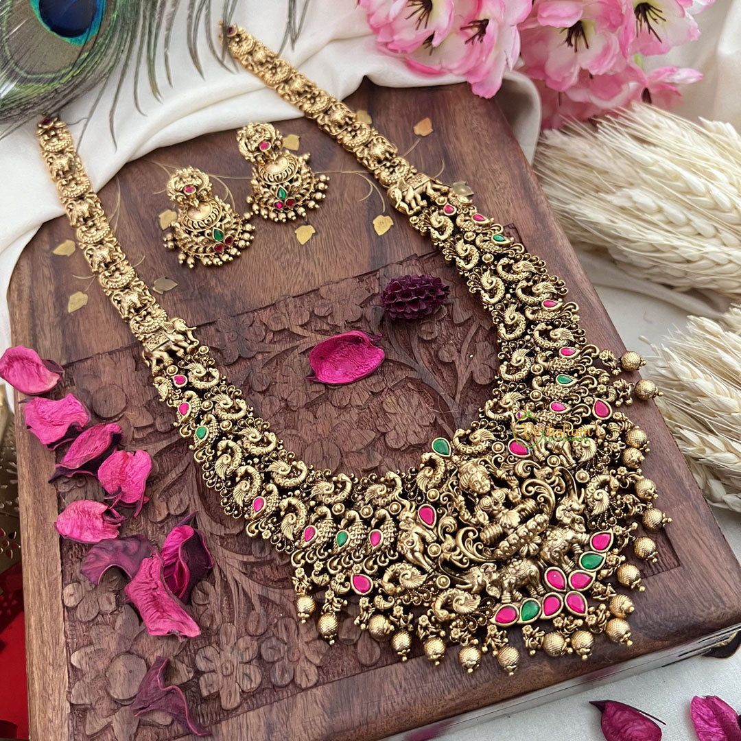 Vriksham Gold Look Alike Lakshmi With Peacock-Red Green-Gold Bead-G18054