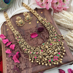 Vriksham Gold Look Alike Lakshmi With Peacock-Red Green-Gold Bead-G18054
