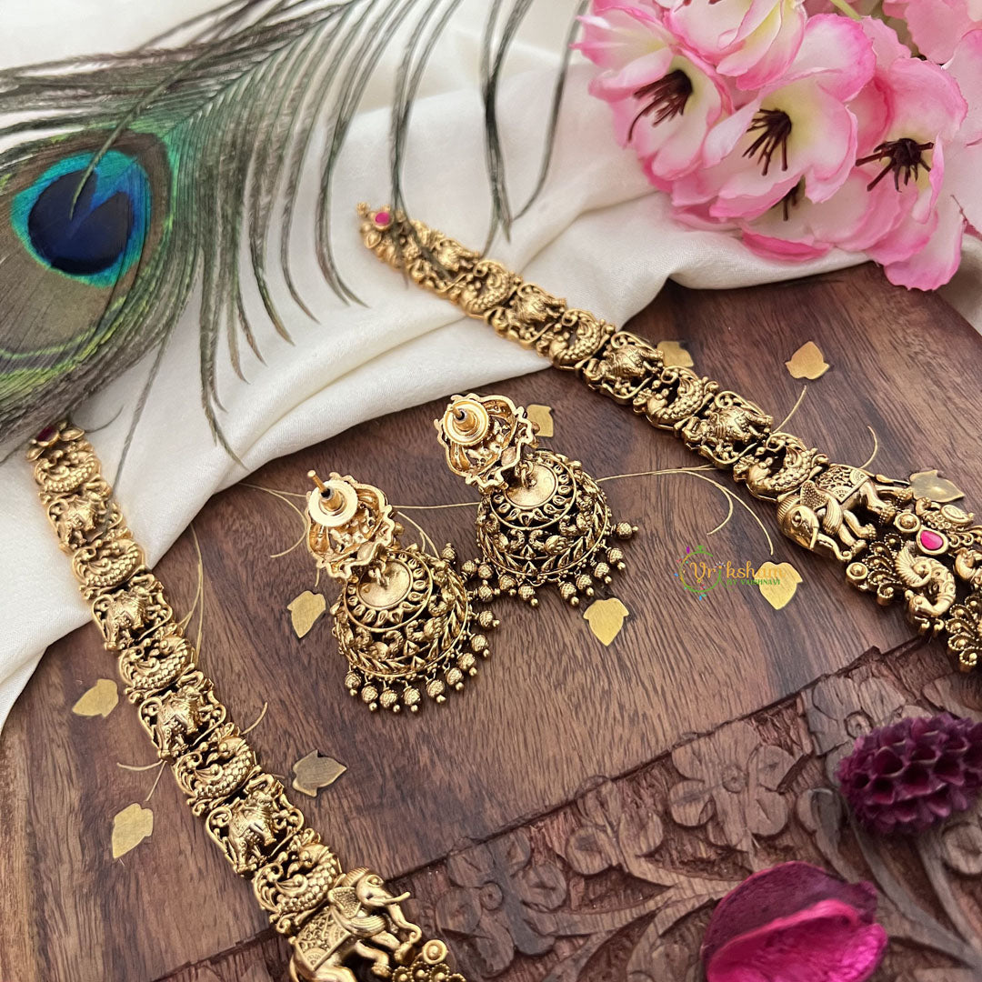Vriksham Gold Look Alike Lakshmi With Peacock-Red Green-Gold Bead-G18054