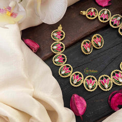 Vriksham Gold-Tone Pink Lotus Enamel Short Neckpiece-White Red & Green-G21986