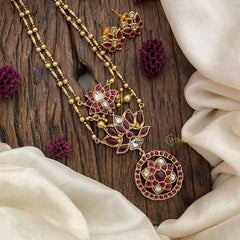 Vriksham 2 Layer Lotus Pendant Chain-Golden Bead-Red-G15653