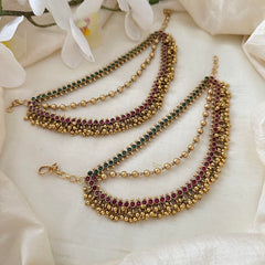 Premium Red Green AD Stone Layered Gold Bead Maatil-Ear Chain-G14231