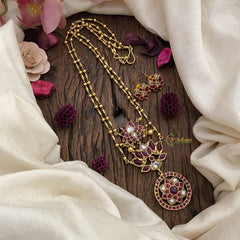 Vriksham 2 Layer Lotus Pendant Chain-Golden Bead-Red-G15653