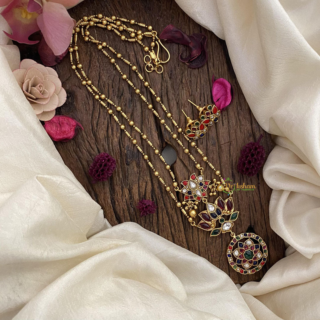 Vriksham 2 Layer Navrathna Lotus Pendant Chain-Golden Bead-G15654