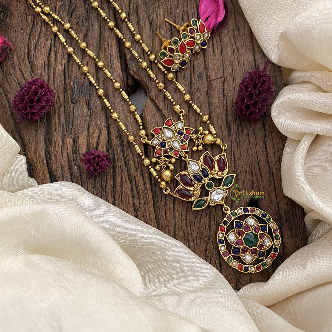 Vriksham 2 Layer Navrathna Lotus Pendant Chain-Golden Bead-G15654