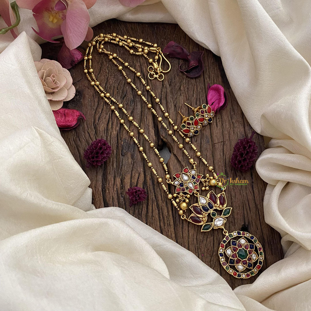 Vriksham 2 Layer Navrathna Lotus Pendant Chain-Golden Bead-G15654